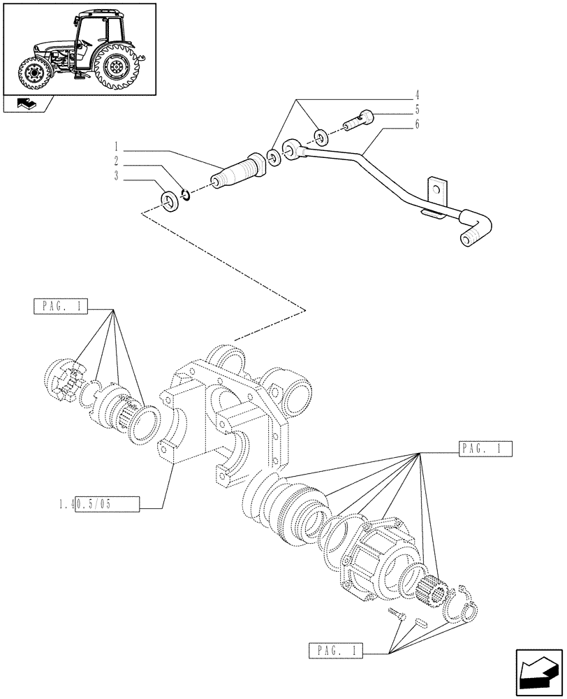 Схема запчастей Case IH FARMALL 95C - (1.40.5/08[02]) - FRONT AXLE WITH ELECTROHYDR. DIFF. LOCK (40 KM/H)-HYDRAULIC DIFF. LOCK CONTROL (VAR.331323-332323) (04) - FRONT AXLE & STEERING