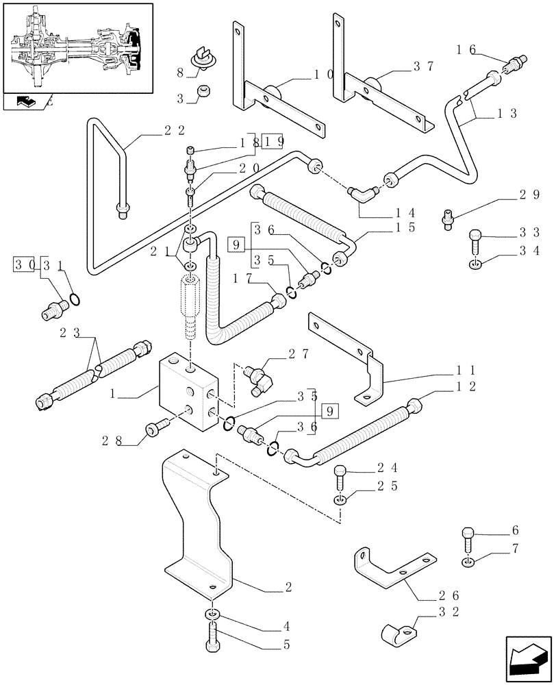 Схема запчастей Case IH PUMA 155 - (1.40. 5/14[03B]) - (CL.4) SUSPENDED FRONT AXLE W/MULTI-PLATE DIFF. LOCK, ST. SENSOR AND BRAKES - PIPES - D6089 (VAR.330430) (04) - FRONT AXLE & STEERING