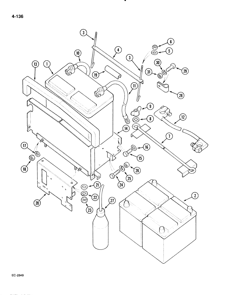 Схема запчастей Case IH 885 - (4-136) - BATTERY, CABLES AND BATTERY TRAY, WITHOUT CAB (04) - ELECTRICAL SYSTEMS