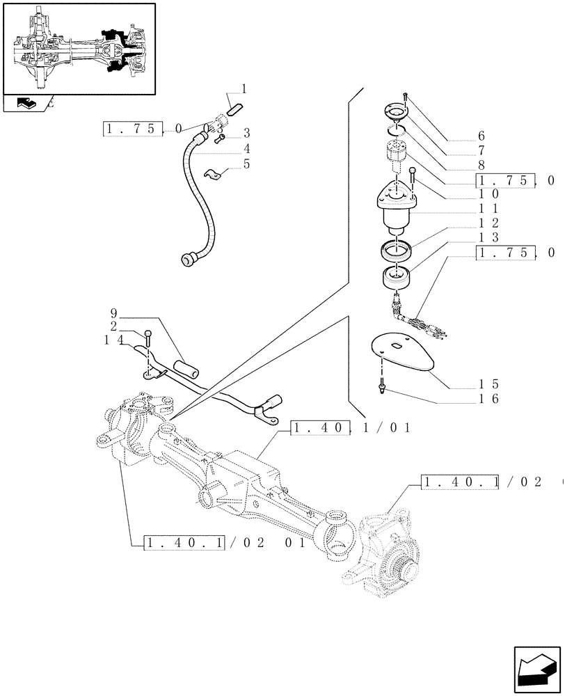 Схема запчастей Case IH PUMA 155 - (1.40.1/02[02]) - (CL.4) FRONT AXLE W/MULTI-PLATE DIFF. LOCK AND STEERING SENSOR - STEERING KNUCKLES AND HUBS (04) - FRONT AXLE & STEERING