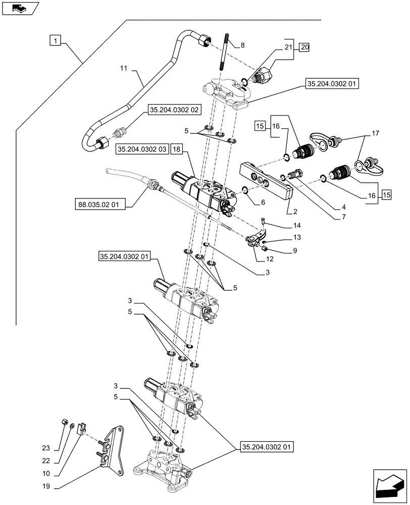 Схема запчастей Case IH FARMALL 75C - (88.035.02[02]) - DIA KIT - 3RD REAR CONTROL VALVES WITH 2 COUPLERS - CONTROL VALVES AND QUICK COUPLERS - ISO (88) - ACCESSORIES