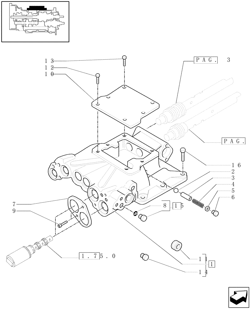 Схема запчастей Case IH MAXXUM 115 - (1.29.9/02[01]) - TRANSMISSION 16X16 AND 17X16 - COVER FOR REVERSER - CONTROL FOR 4/5 UNITS AND VALVE (STD + VAR.330283) (03) - TRANSMISSION