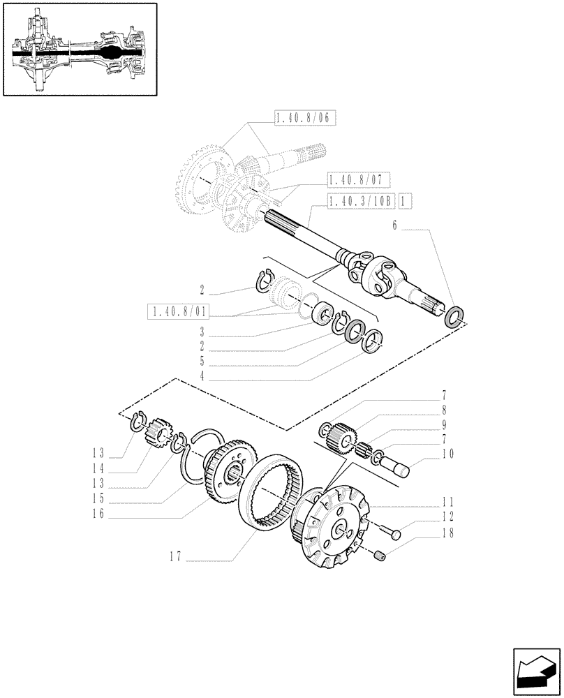 Схема запчастей Case IH MXM130 - (1.40.8/10) - (VAR.518) CLASS 4 4WD FRONT AXLE WITH "TERRALOCK" - DIFFERENTIAL GEARS AND DIFFERENTIAL SHAFT (04) - FRONT AXLE & STEERING