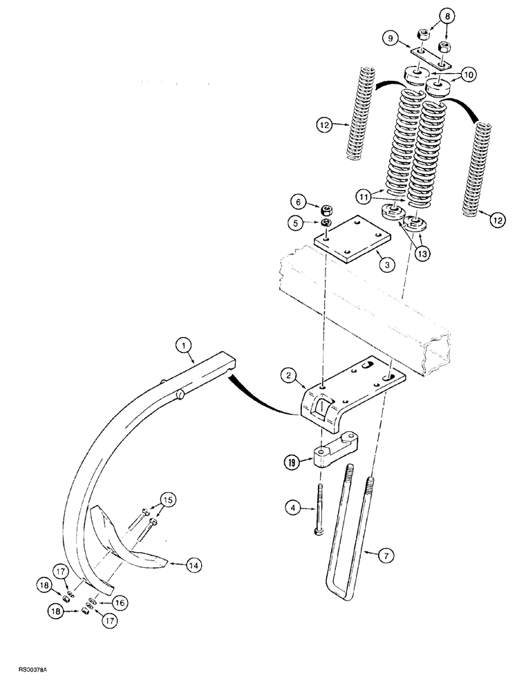 Схема запчастей Case IH 5700 - (9-184) - CUSHION CLAMP AND SHANK, HIGH CLEARANCE - 32", WITH INNER CUSHION SPRING (18) - MISCELLANEOUS