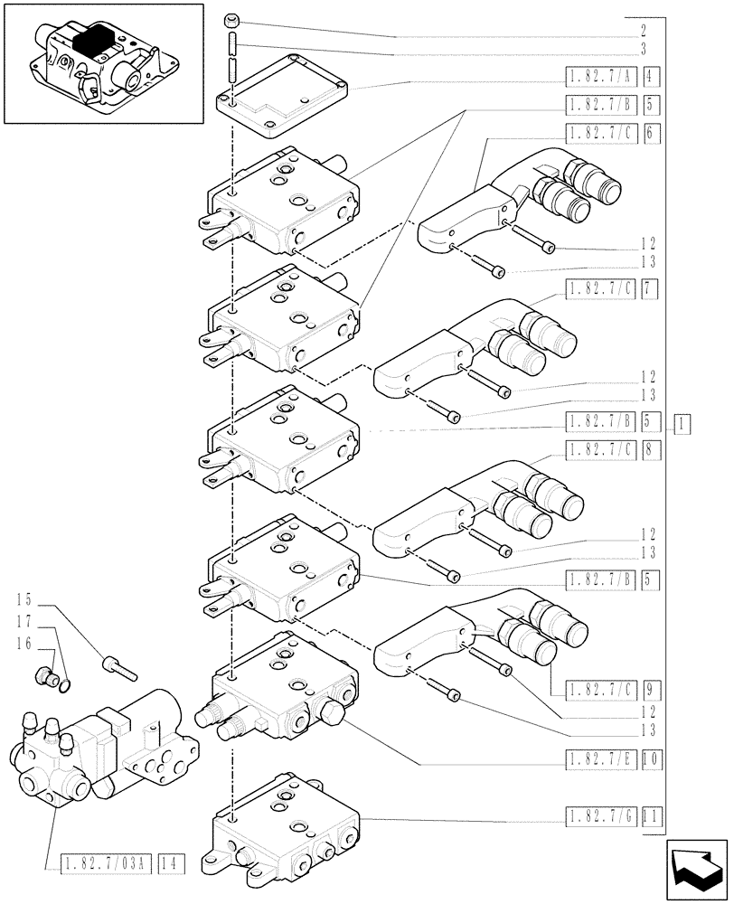 Схема запчастей Case IH MXU115 - (1.82.7/18[02]) - (VAR.352/1) 4 (EDC) CONTROL VALVES WITH TRAILER BRAKE VALVE AND ASSOCIATED PARTS (07) - HYDRAULIC SYSTEM