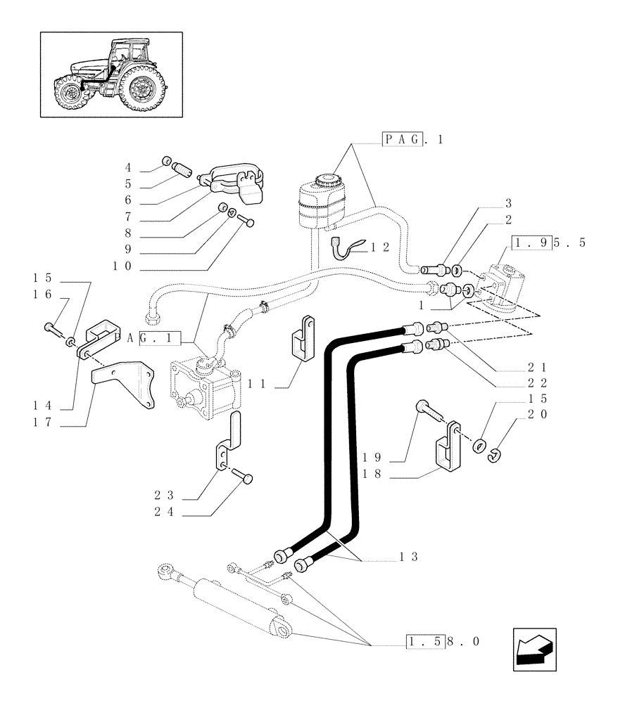 Схема запчастей Case IH JX90U - (1.42.0[02]) - FRONT AXLE - 2-WD - POWER STEERING HYDRAULIC CONTROL - PIPES & BRAKETS (04) - FRONT AXLE & STEERING