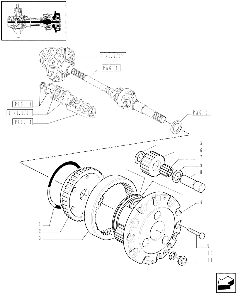 Схема запчастей Case IH JX1085C - (1.40.2/10[02]) - (VAR.838-839) FRONT PTO LIFT - EPICYCLIC REDUCTION GEAR (04) - FRONT AXLE & STEERING