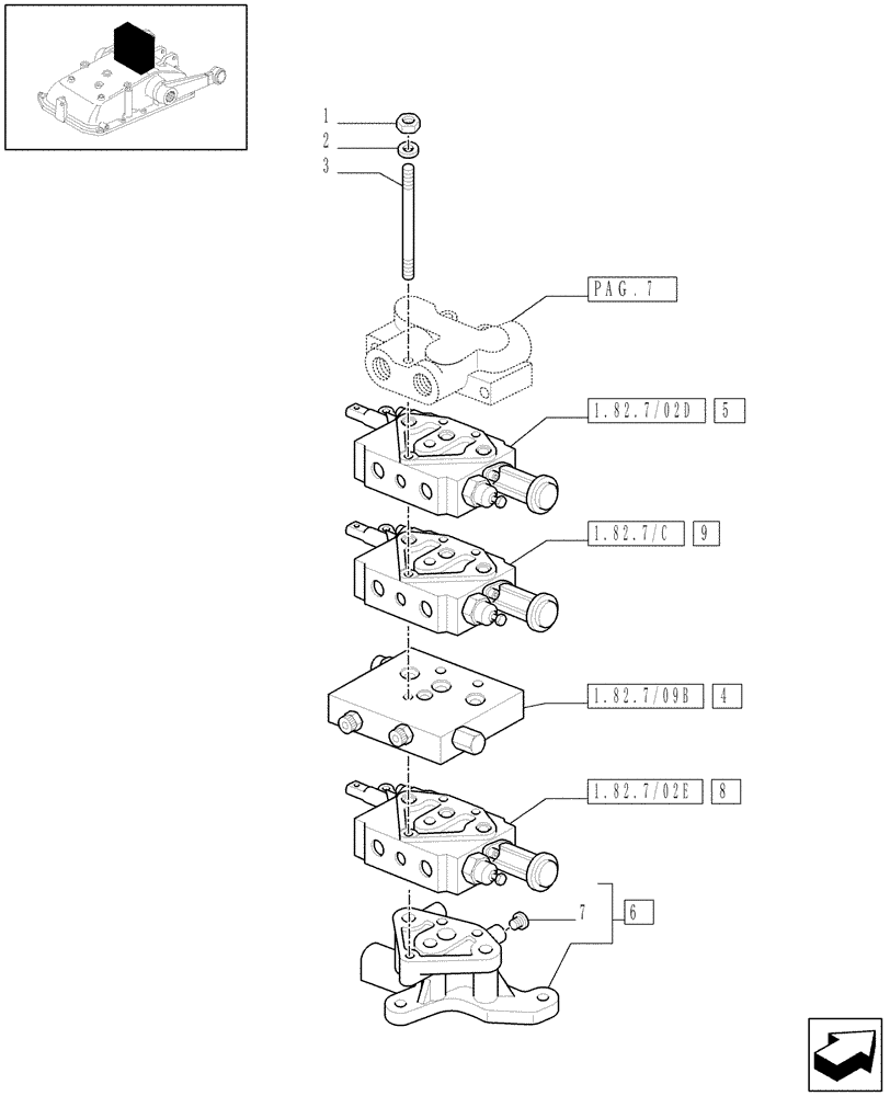 Схема запчастей Case IH JX1075N - (1.82.7/09[05]) - (VAR.088) 3 REAR REMOTE VALVES - REMOTE VALVES - D5484 (07) - HYDRAULIC SYSTEM