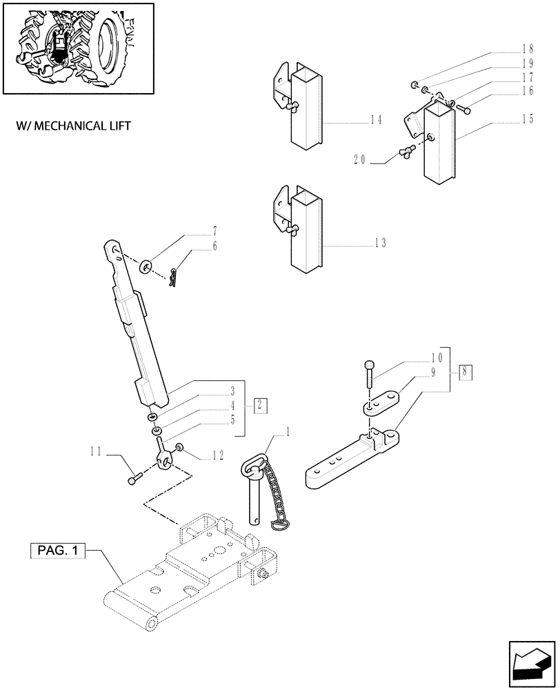 Схема запчастей Case IH MXU100 - (1.89.3/03[02]) - (VAR.569) AUTOMATIC HITCH - (WITH 1 ADDITIONAL JACK) - TIE ROD AND TOW-BAR (09) - IMPLEMENT LIFT