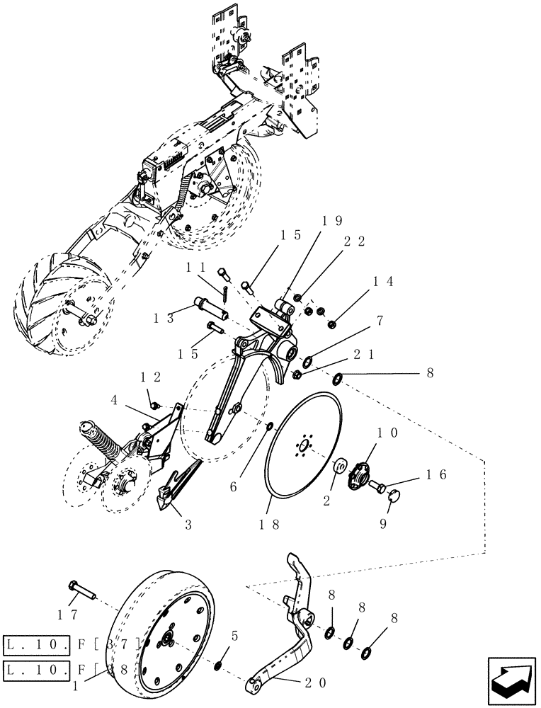 Схема запчастей Case IH 1200PT - (L.10.F[25]) - DISC OPENER & GAUGE WHEEL, WITH LH LEADING DISC OPENER (RH SIDE OF PLANTER, AFTER APRIL 2007) L - Field Processing