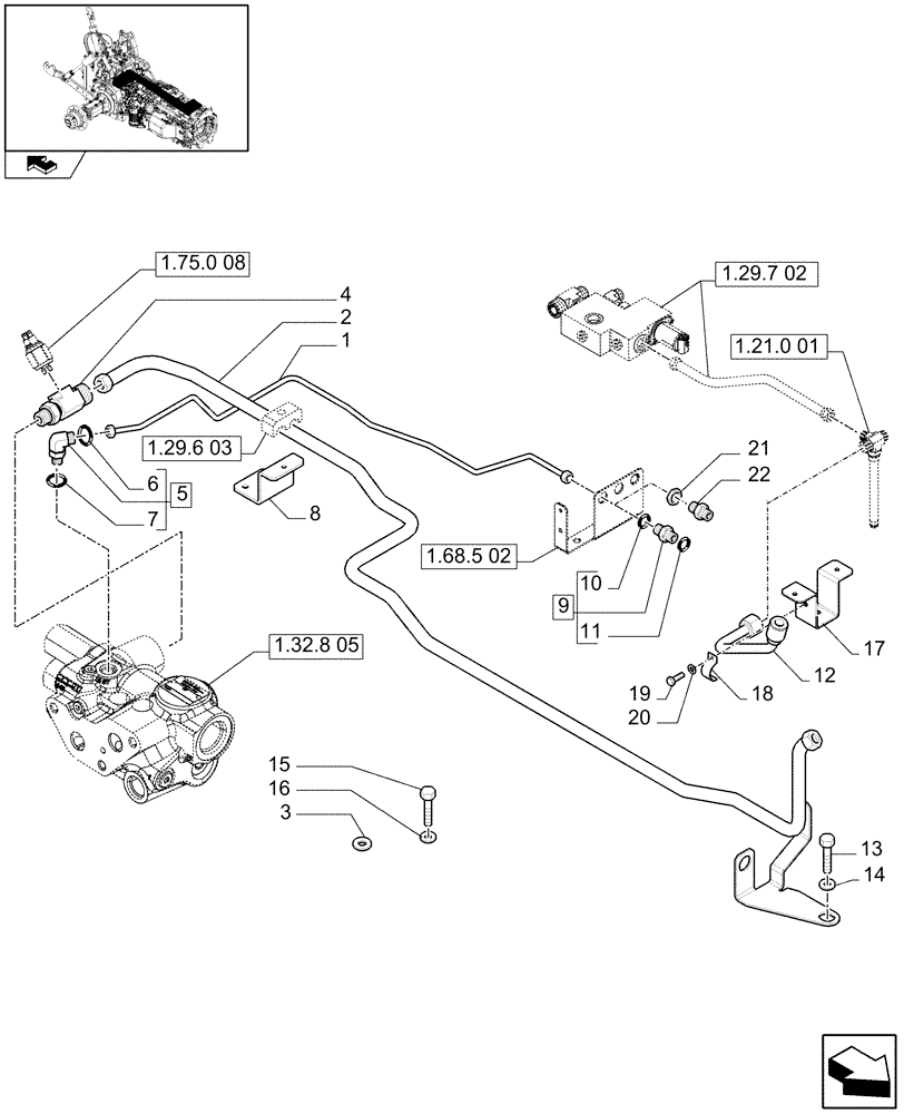 Схема запчастей Case IH PUMA 195 - (1.42.0[02A]) - POWER STEERING DELIVERY AND RETURNS PIPES - D6995 (04) - FRONT AXLE & STEERING