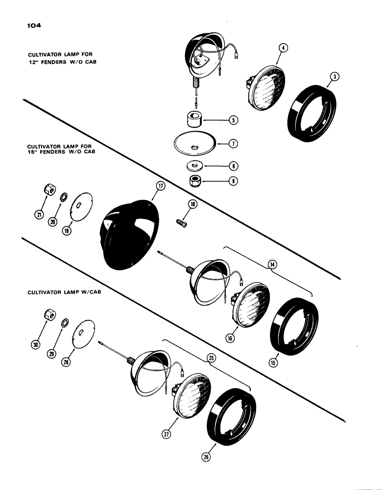 Схема запчастей Case IH 770 - (104) - LIGHTING EQUIPMENT, CULTIVATING LAMP, W/O CAB, FOR 12" FENDER (04) - ELECTRICAL SYSTEMS