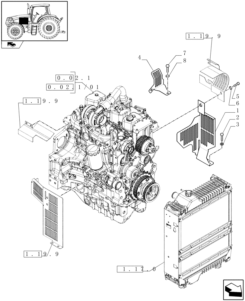 Схема запчастей Case IH MAXXUM 140 - (1.19.9/01) - PNEUMATIC TRAILER BRAKE - ENGINE GUARDS (VAR.332727-332737-332739) (02) - ENGINE EQUIPMENT