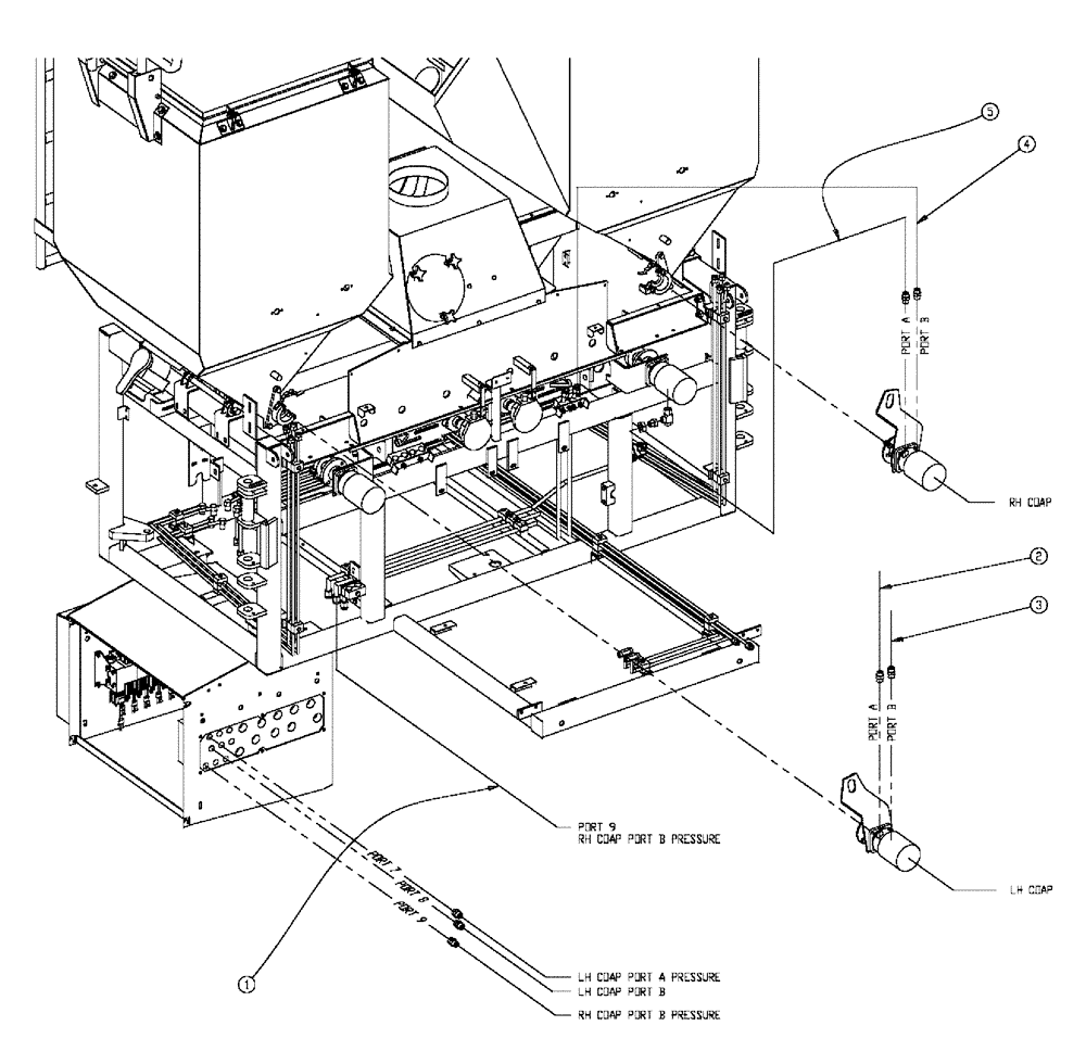 Схема запчастей Case IH 438 - (02-023) - HOSE GROUP, DOUBLE BIN, 37 & 50 CU FT Bin Group