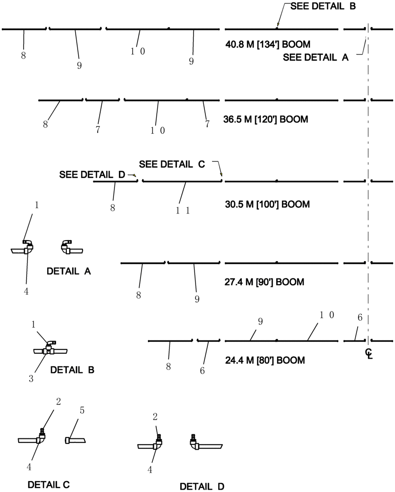 Схема запчастей Case IH 100 - (39.100.18) - SUSPENDED BOOM - SPRAY BOOM LAYOUT (39) - FRAMES AND BALLASTING