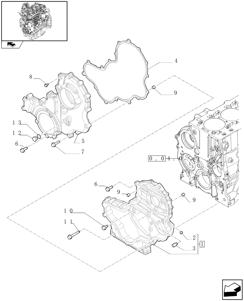 Схема запчастей Case IH FARMALL 75N - (0.04.3[01]) - ENGINE BLOCK FRONT COVER (01) - ENGINE