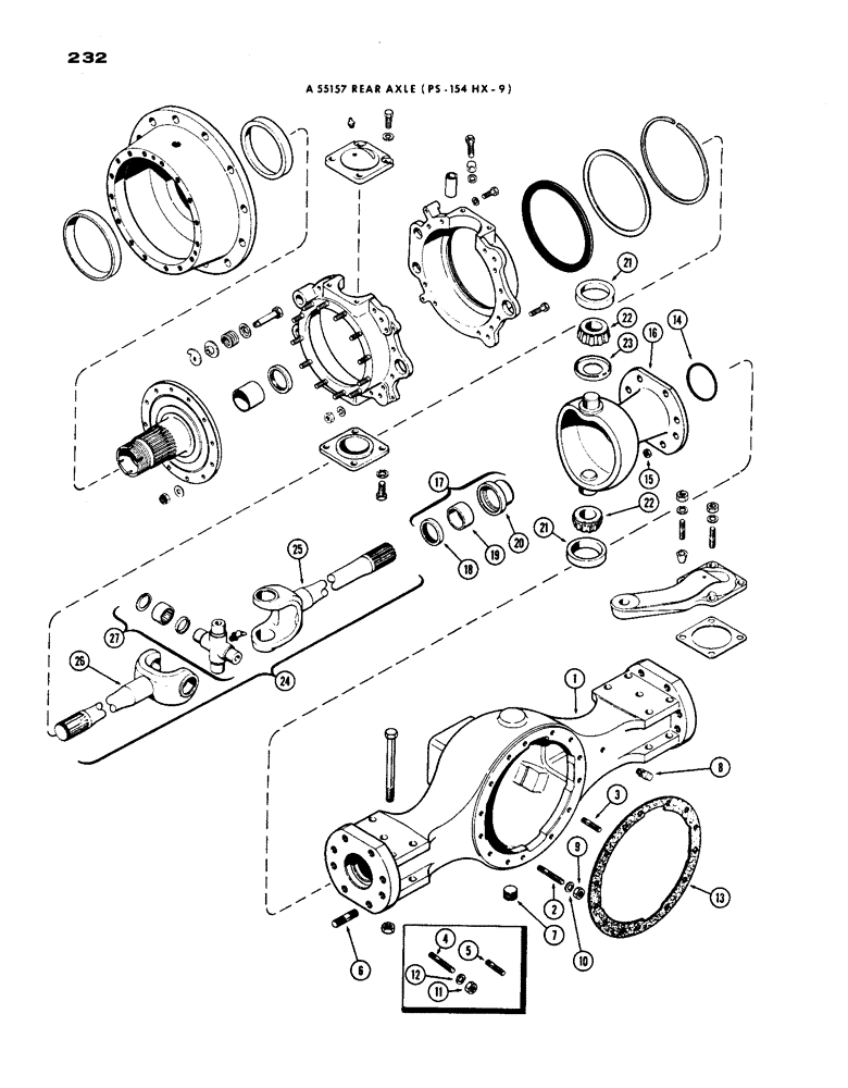 Схема запчастей Case IH 1200 - (232) - A55157 REAR AXLE HOUSING AND KNUCKLE, 19.03 RATIO WITH CARDON JOINT (06) - POWER TRAIN