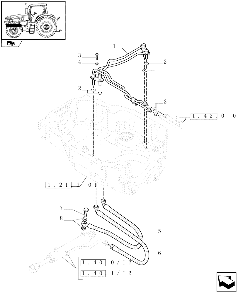 Схема запчастей Case IH PUMA 125 - (1.42.0[01]) - STEERING CYLINDER PIPES AND POWER STEERING PIPES (04) - FRONT AXLE & STEERING