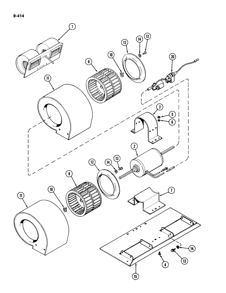 Схема запчастей Case IH 4490 - (9-414) - CAB, BLOWER ASSEMBLY, WITH 3-23/64 INCH (85.33 MM) WIDE FAN, CAB SERIAL NUMBER 12054687 AND AFTER (09) - CHASSIS/ATTACHMENTS