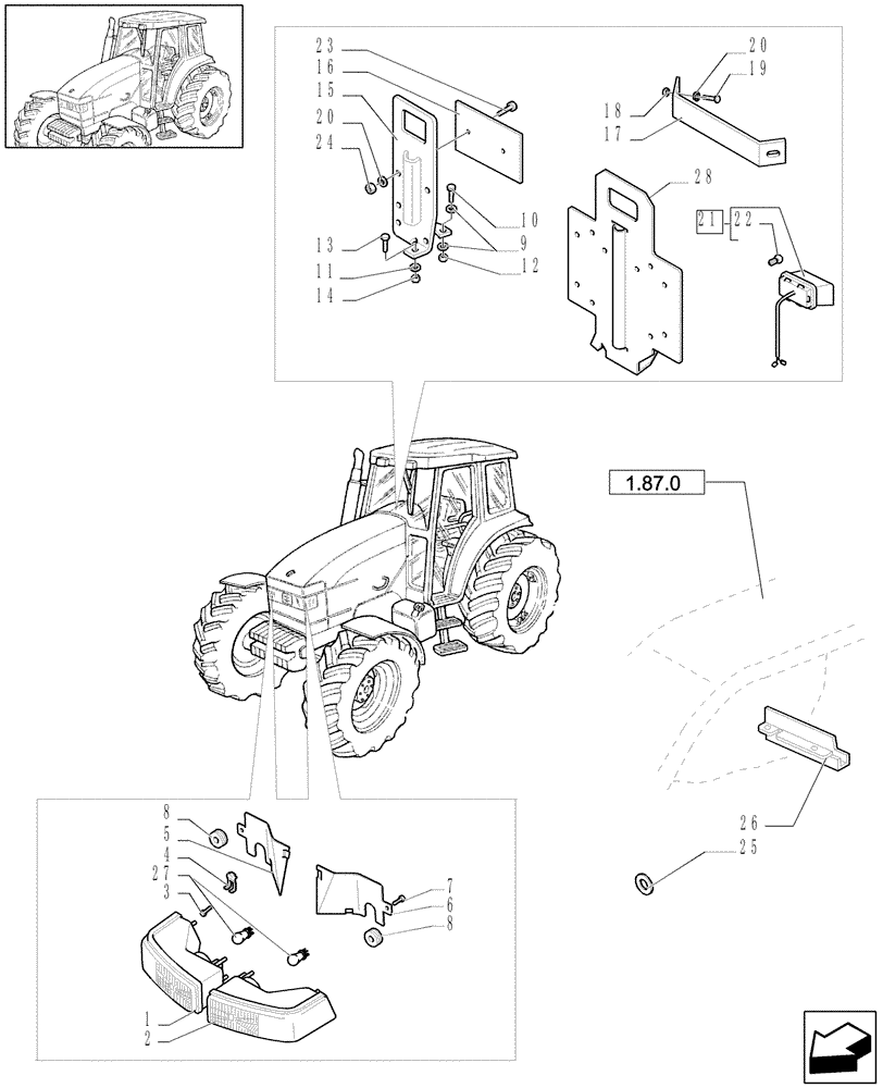 Схема запчастей Case IH JX1080U - (1.91.7/03) - (VAR.760) FRONT SPOT LAMP LEFT FLOW - FRONT SPOT LAMP - LICENSE PLATE SUPPORT (10) - OPERATORS PLATFORM/CAB