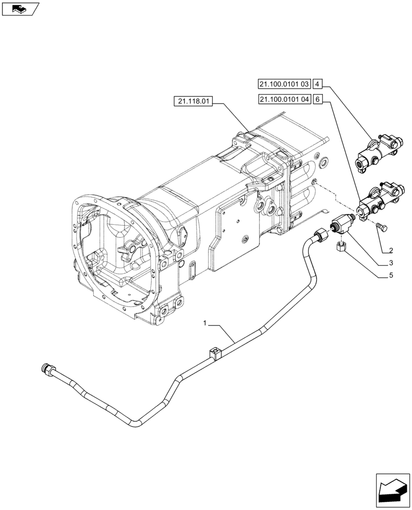 Схема запчастей Case IH FARMALL 75C - (21.100.0101[02]) - TRANSMISSION LUBRICATION SYSTEM - HEAT EXCHANGER OIL DELIVERY PIPE - W/CAB (21) - TRANSMISSION