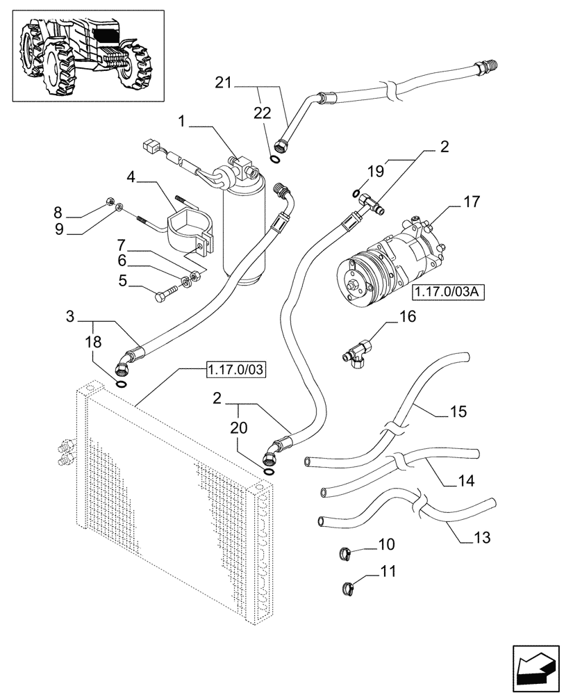 Схема запчастей Case IH JX90 - (1.17.0[04]) - (VAR.641-958) AIR CONDITIONING - FILTER AND PIPES (02) - ENGINE EQUIPMENT