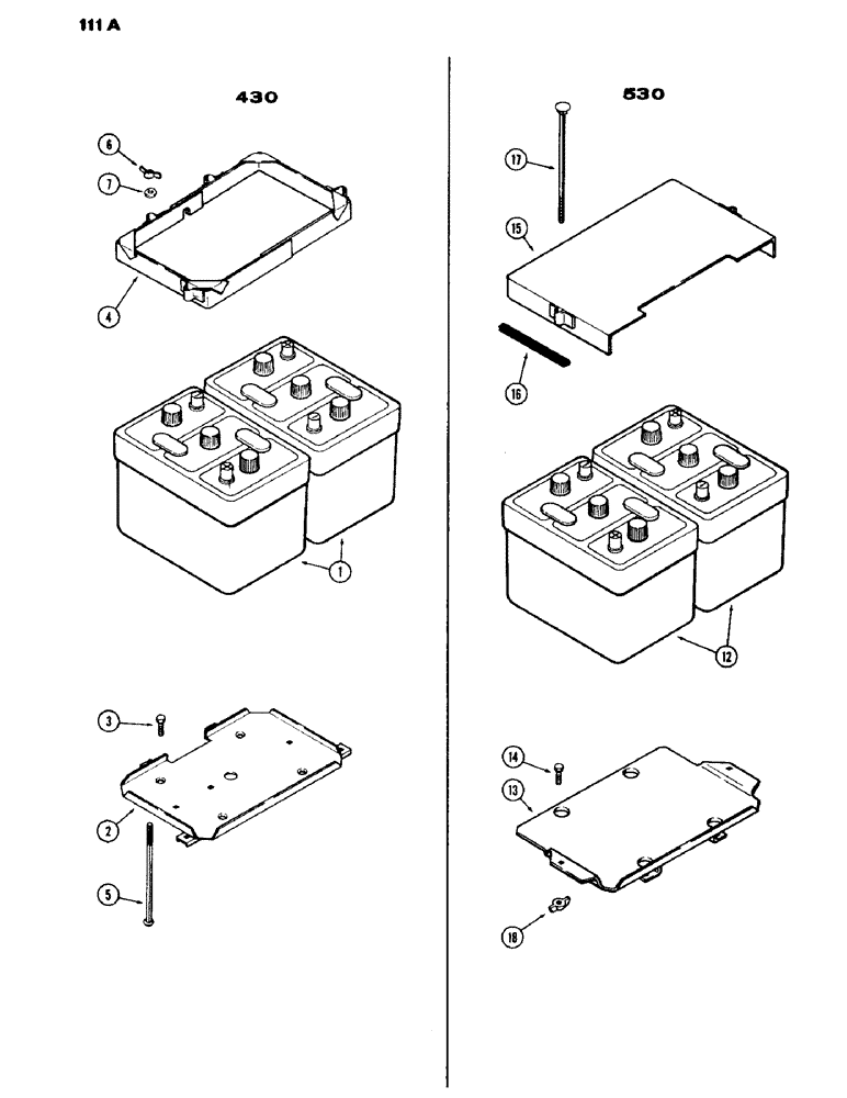 Схема запчастей Case IH 430 - (111A) - BATTERY AND SUPPORTS, 430 AND 530 SERIES, 188 DIESEL ENGINE (04) - ELECTRICAL SYSTEMS