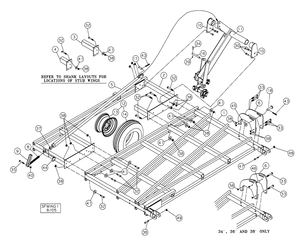 Схема запчастей Case IH TIGERMATE II - (39.100.07) - WING FRAME SINGLE FOLD 12-1/2 THROUGH 38-1/2 (39) - FRAMES AND BALLASTING