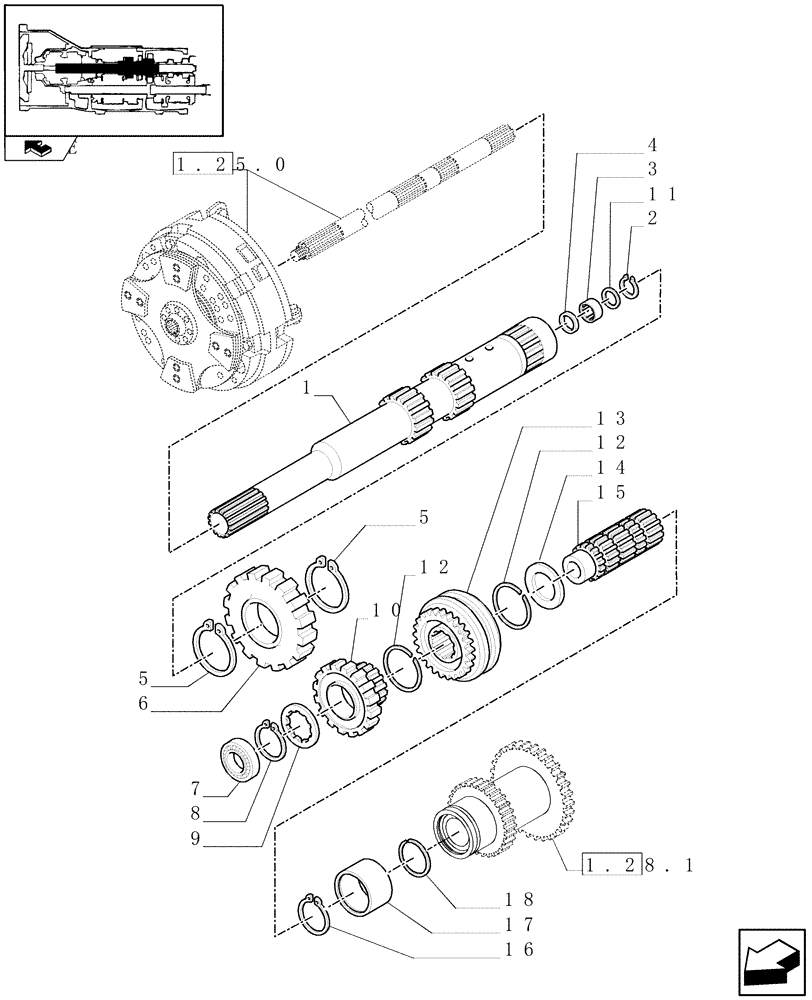 Схема запчастей Case IH FARMALL 85C - (1.28.1/02[01]) - 32X16 WITH SYNCHRO GEARS AND SYNCHRO SHUTTLE WITH MECHANICAL SPLITTER - CLUTCH SHAFT (VAR.330118) (03) - TRANSMISSION