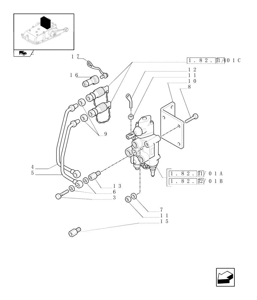 Схема запчастей Case IH FARMALL 60 - (1.82.7/01[01]) - 1 CONTROL VALVE - CONTROL VALVE AND QUICK COUPLINGS (VAR.335366-335412) (07) - HYDRAULIC SYSTEM