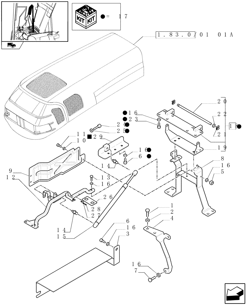 Схема запчастей Case IH FARMALL 95N - (1.83.0/01[06]) - HOOD GAS SPRING, HINGE SUPPORT AND HEAT SHIELD PROTECTION - C7050 (08) - SHEET METAL