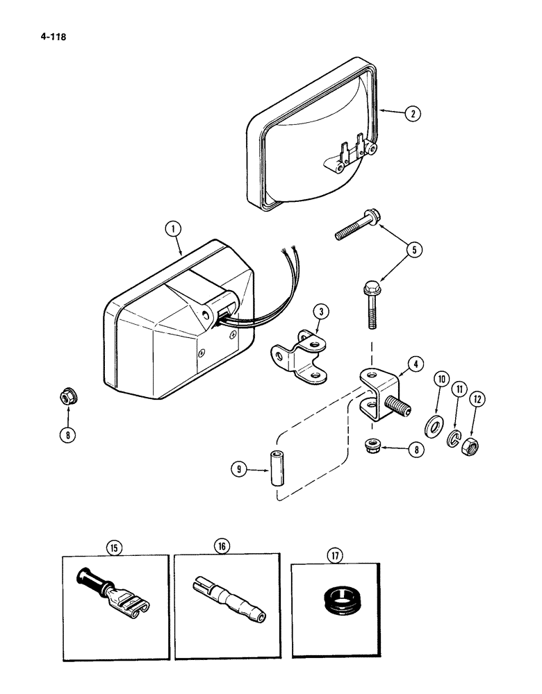 Схема запчастей Case IH 4994 - (4-118) - FLOOD LAMP ATTACHMENT, UPPER FRONT REAR AND FENDER MOUNTED LAMPS (04) - ELECTRICAL SYSTEMS