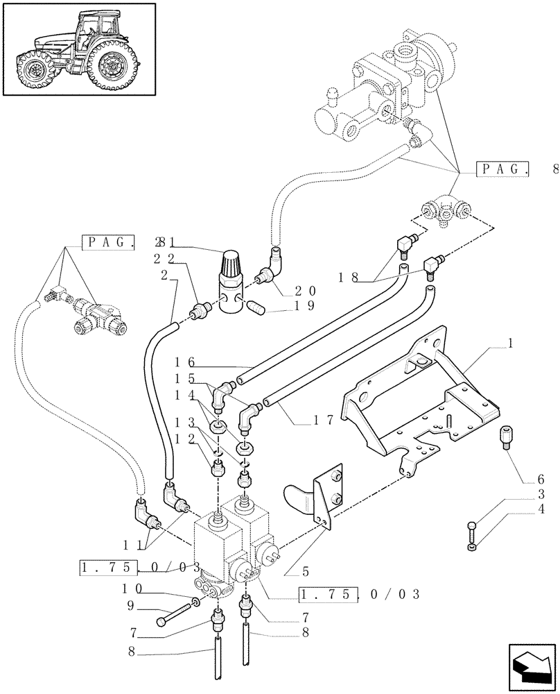 Схема запчастей Case IH MAXXUM 100 - (1.68.6[07]) - TRAILER AIR BRAKE - REGULATORS, SOLENOID VALVES AND PIPES - C5804 (VAR.332727-333727-332737-339737-332739-333739) (05) - REAR AXLE