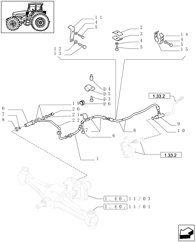 Схема запчастей Case IH JX1090U - (1.33.2/15) - (VAR.406) FRONT AXLE 40KM/H HYDR.DIFF.LOCK - PIPES (04) - FRONT AXLE & STEERING