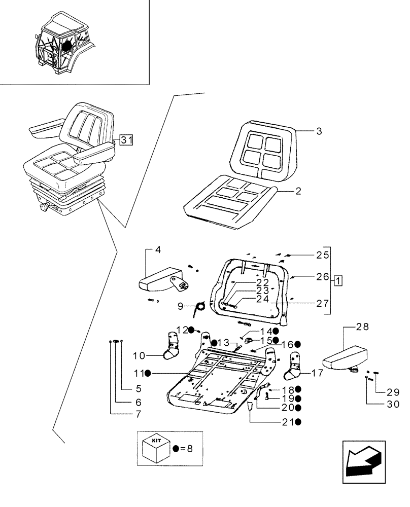 Схема запчастей Case IH JX80 - (1.92.0[40]) - CAB - SEAT AND COMPONENT PARTS (10) - OPERATORS PLATFORM/CAB