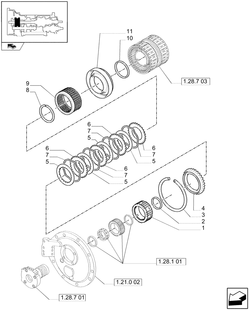 Схема запчастей Case IH MAXXUM 140 - (1.28.7[02]) - TRANSMISSION 16X16 OR 17X16 - SPEED ENGAGEMENT FRONT CLUTCH - C1 DISKS (03) - TRANSMISSION