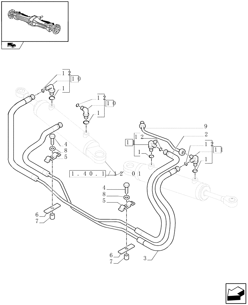 Схема запчастей Case IH MAXXUM 110 - (1.40.1/12[02]) - (CL.3) SUSPENDED FRONT AXLE WITH HYDR. DIFFER. LOCK AND STEERING SENSOR - CYLINDERS PIPES (VAR.330414) (04) - FRONT AXLE & STEERING