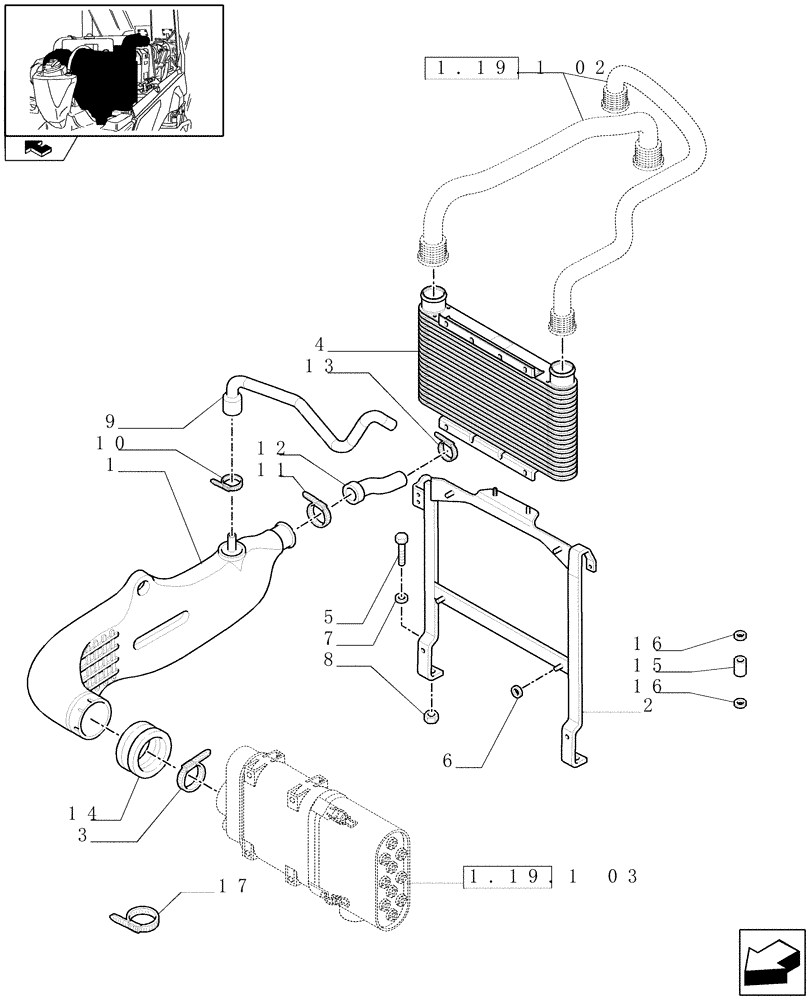 Схема запчастей Case IH FARMALL 85N - (1.19.1[01]) - INTERCOOLER AND RELATED PARTS (02) - ENGINE EQUIPMENT