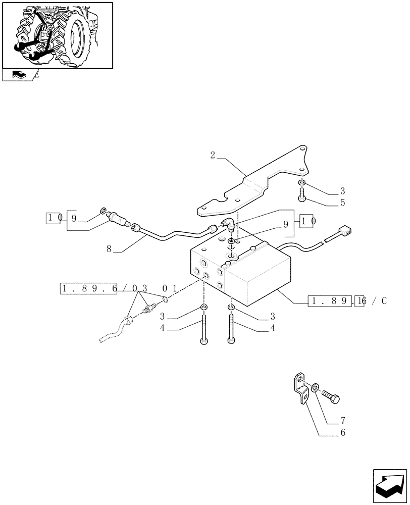 Схема запчастей Case IH FARMALL 75N - (1.89.6/03[02]) - HYDRAULIC RIGHT LIFTING ROD FOR MDC - VALVE AND SUPPORT - C6445 (VAR.335965 / 743536) (09) - IMPLEMENT LIFT