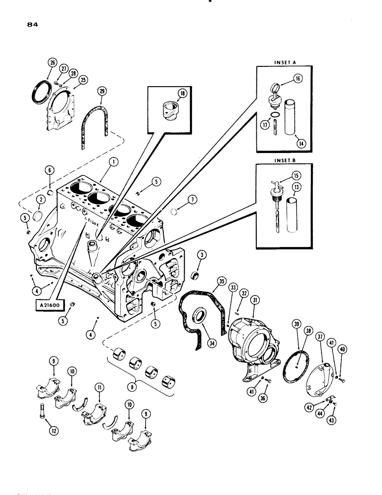 Схема запчастей Case IH 730 SERIES - (084) - CYLINDER BLOCK ASSEMBLY, MODEL 730, 251 SPARK IGNITION ENGINE CASTING NO. A21600 (02) - ENGINE