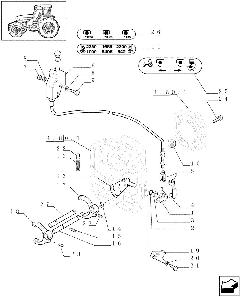 Схема запчастей Case IH JX1100U - (1.96.3/02) - (VAR. 729/1) SYNCHRO MESH GEARED POWER TAKE-OFF 540 - 750 - 1000 RPM - CONTROL PARTS (10) - OPERATORS PLATFORM/CAB