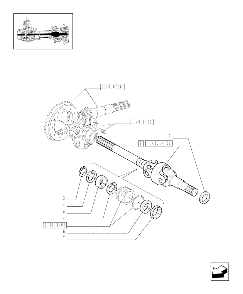 Схема запчастей Case IH JX1085C - (1.40.1/10[03]) - (VAR.323) STANDARD FRONT AXLE W/ ELECTROHYDR. DIFF. LOCK, W/ FRONT BRAKES (40KM/H) - HALF AXLE (04) - FRONT AXLE & STEERING