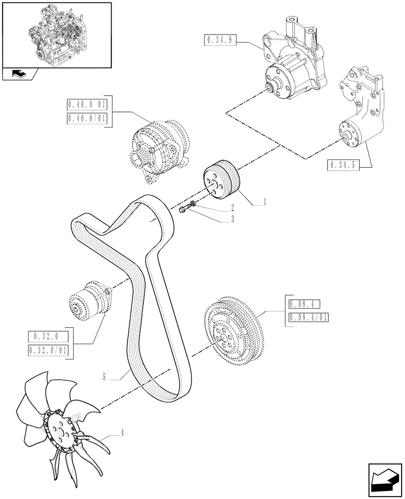 Схема запчастей Case IH FARMALL 75N - (0.34.7) - PULLEY, FAN AND BELT (01) - ENGINE