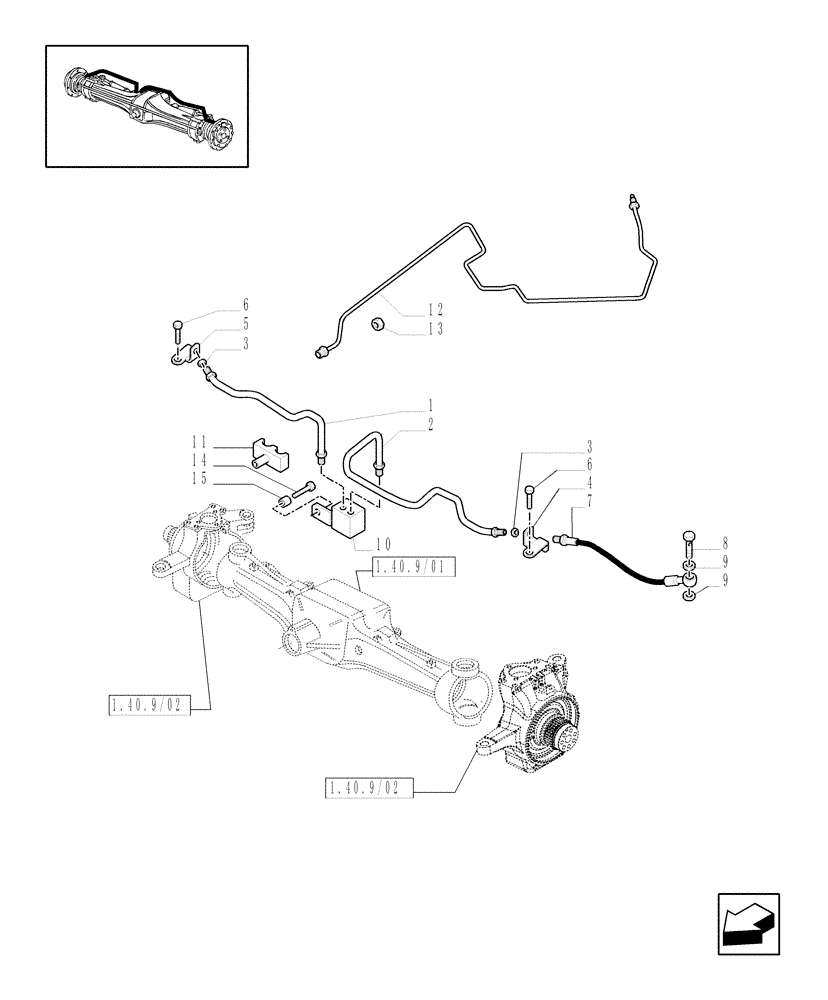 Схема запчастей Case IH MAXXUM 115 - (1.40. 9/14[02]) - (CL.4) FRONT AXLE W/MULTI-PLATE DIFF. LOCK, ST. SENSOR AND BRAKES - BRAKES PIPES (VAR.330430) (04) - FRONT AXLE & STEERING