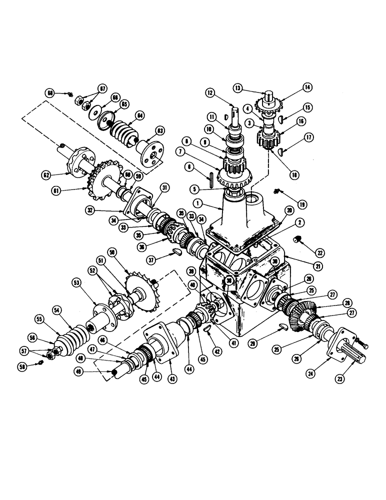 Схема запчастей Case IH 402 - (42) - GEAR BOX - L.H., ROWS 2, 3 AND 4 (58) - ATTACHMENTS/HEADERS