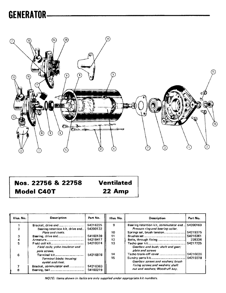 Схема запчастей Case IH BUTLERS - (14) - GENERATOR, NUMBER 22756 & 22758, MODEL C40T, VENTILATED, 22 AMP 