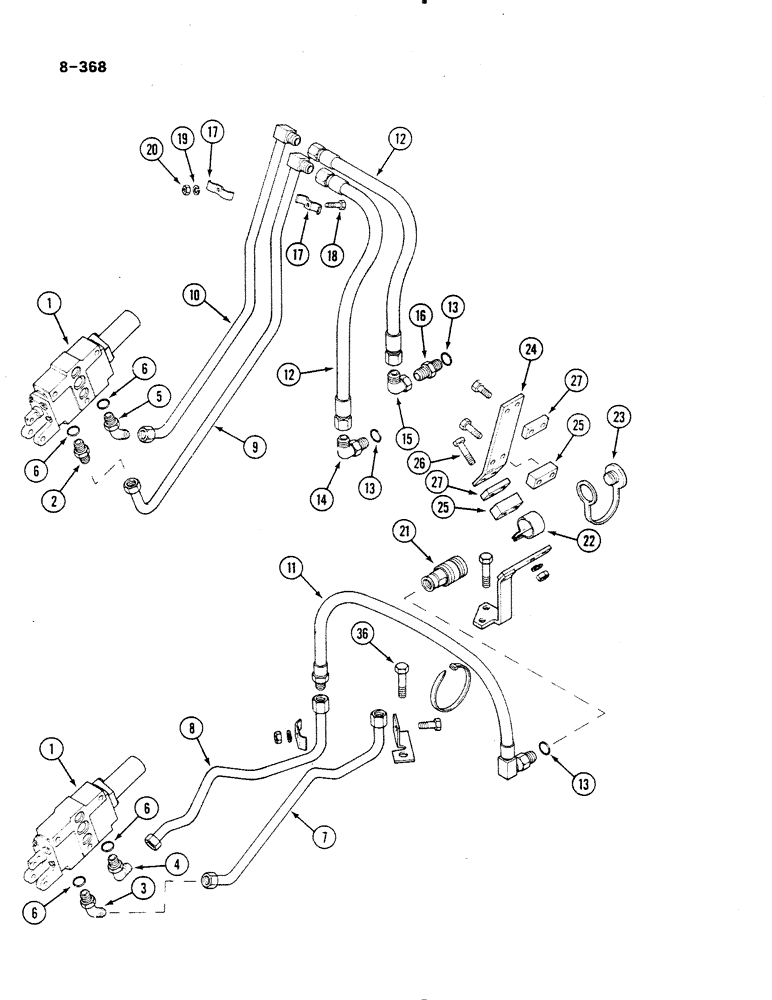 Схема запчастей Case IH 485 - (8-368) - AUXILIARY VALVES, COUPLINGS AND PIPES, BOSCH, 1ST AND 2ND BANK, P.I.N. 18001 AND AFTER (08) - HYDRAULICS