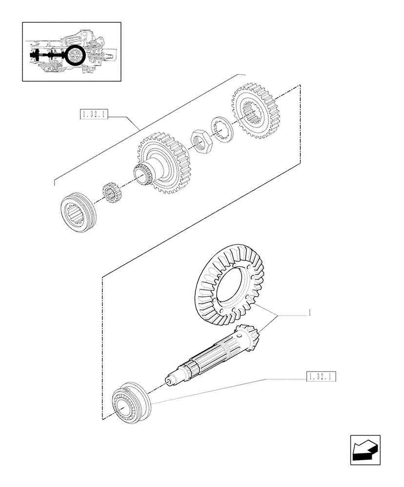 Схема запчастей Case IH JX1070C - (1.32.1/05) - (VAR.838-839) FRONT PTO LIFT - BEVEL GEAR PAIR (03) - TRANSMISSION