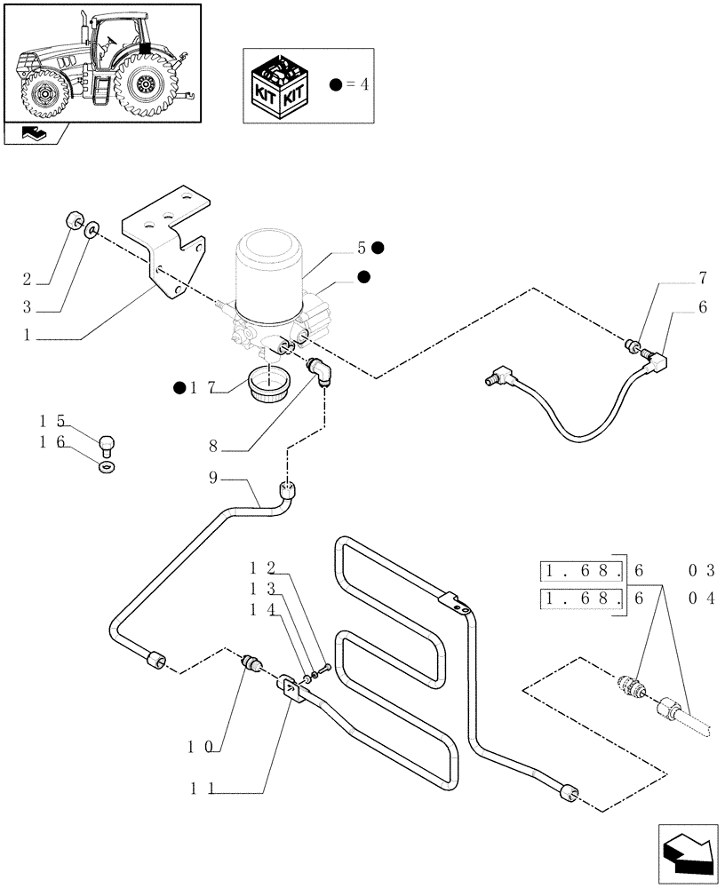 Схема запчастей Case IH MAXXUM 110 - (1.68.6[05]) - PNEUMATIC TRAILER BRAKE - REGENERATION AIR DRYER AND PIPES (VAR.332727-332737-332739) (05) - REAR AXLE