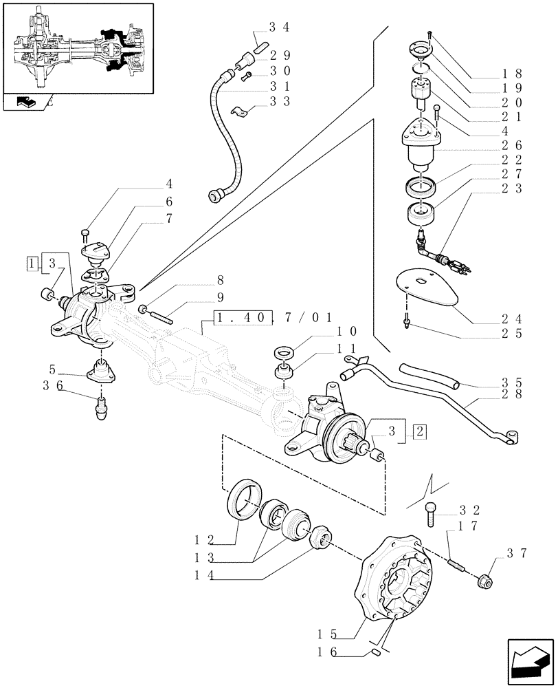 Схема запчастей Case IH PUMA 140 - (1.40. 7/02[01A]) - (CL.3) FRONT AXLE W/MULTI-PLATE DIFF. LOCK AND STEERING SENSOR - STEERING AXLES - HUBS - D6449 (VAR.330409) (04) - FRONT AXLE & STEERING